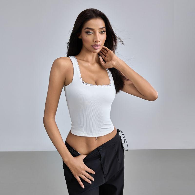 Square Neck Plain Lace Trim Tank Top Product Image