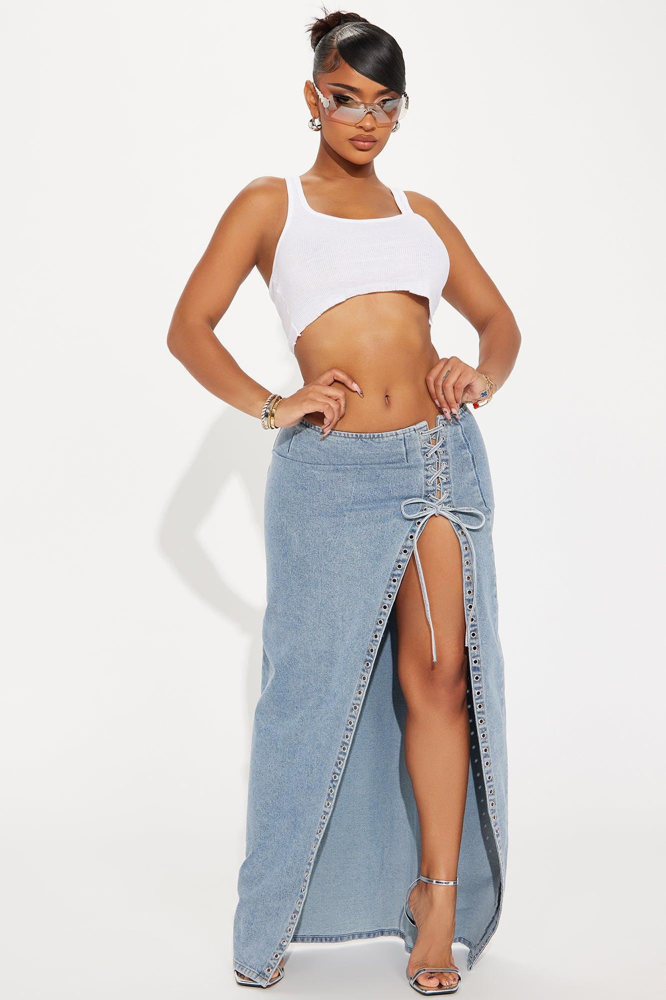 Daydreaming Lace Up Denim Maxi Skirt - Medium Wash Product Image