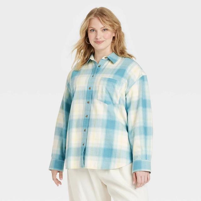 Womens Oversized Flannel Long Sleeve Collared Button-Down Shirt - Universal Thread Blue Plaid 4X Product Image