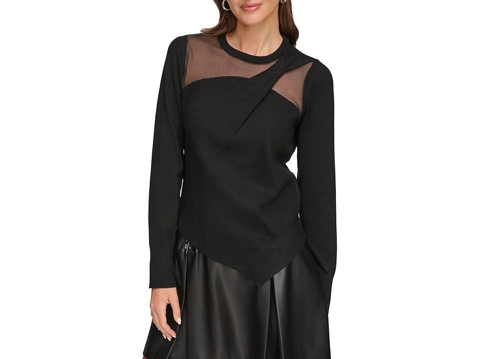 DKNY Long Sleeve Asymmetrical Hem Sheer Sleeve Sweater Women's Clothing Product Image