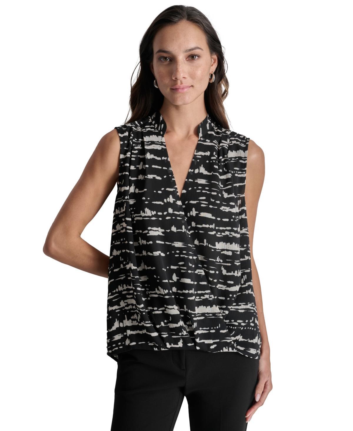 Dkny Womens Printed Surplice Sleeveless Top - Blk Product Image