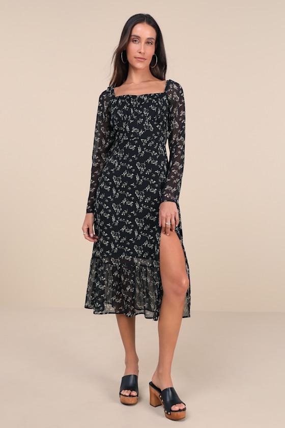 Perfectly Elevated Black Floral Long Sleeve Midi Dress Product Image