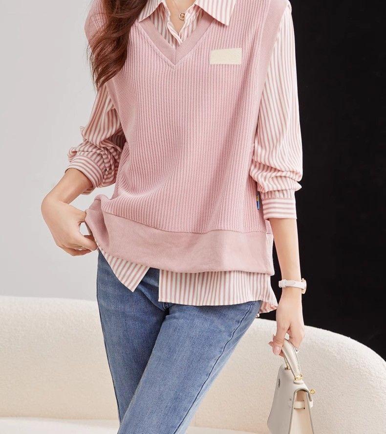 Mock Two-Piece Long-Sleeve Striped Panel Shirt Product Image