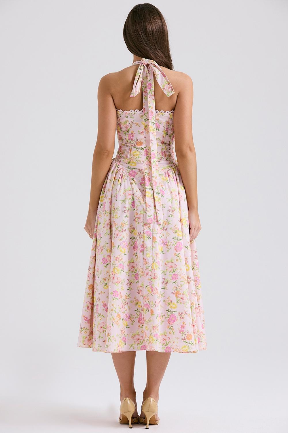 Adabella Pink Meadow Print Cotton Halter Midi Sundress Product Image