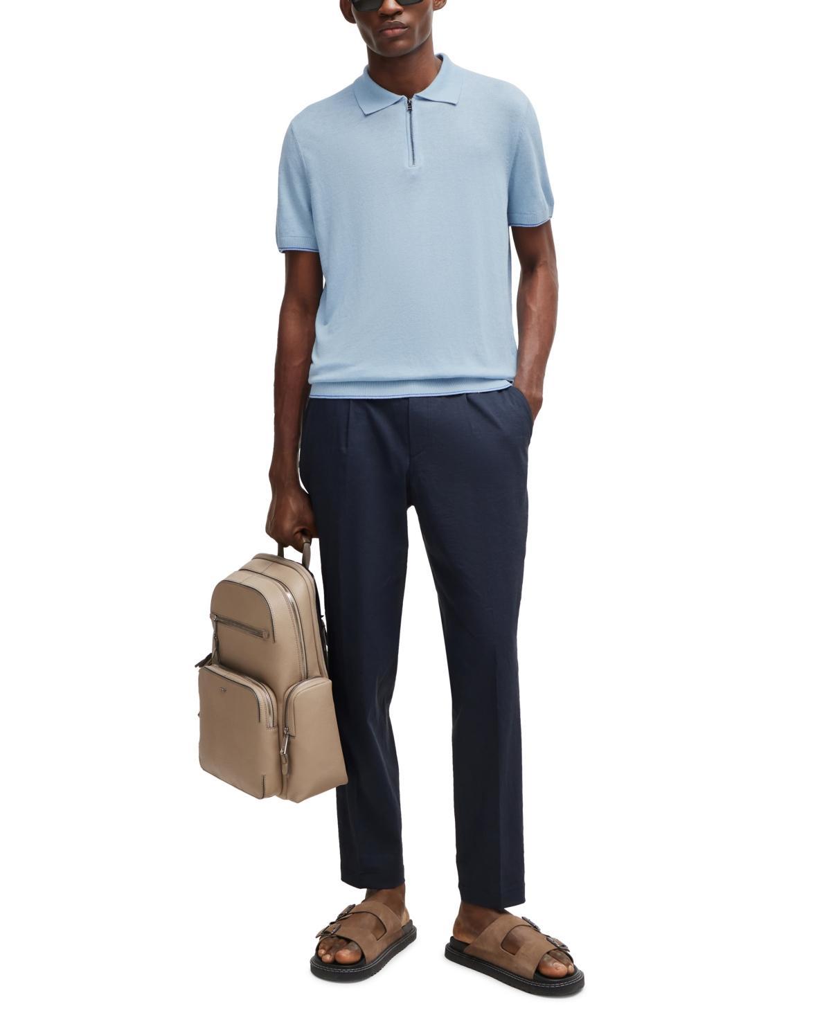 HUGO BOSS Zip-neck Polo Sweater In A Linen Blend In Light Blue Product Image