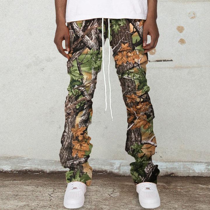 Vintage Camouflage Print Drawstring Stacked Trousers Product Image