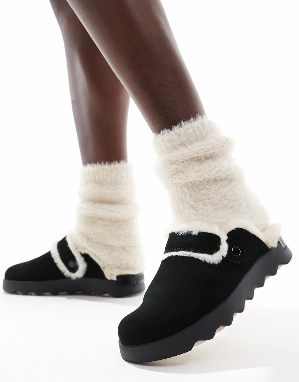 Sorel Viibe Cozy faux fur suede clogs in black and natural Product Image