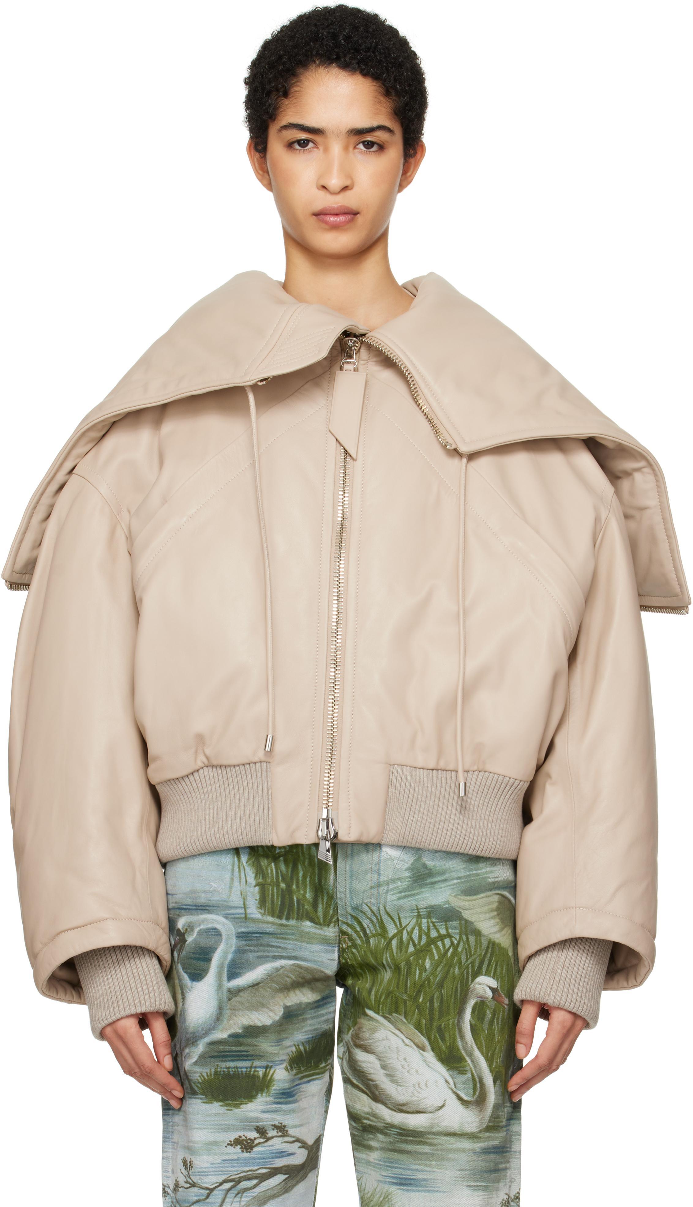 Biege Padded Leather Bomber Jacket Product Image