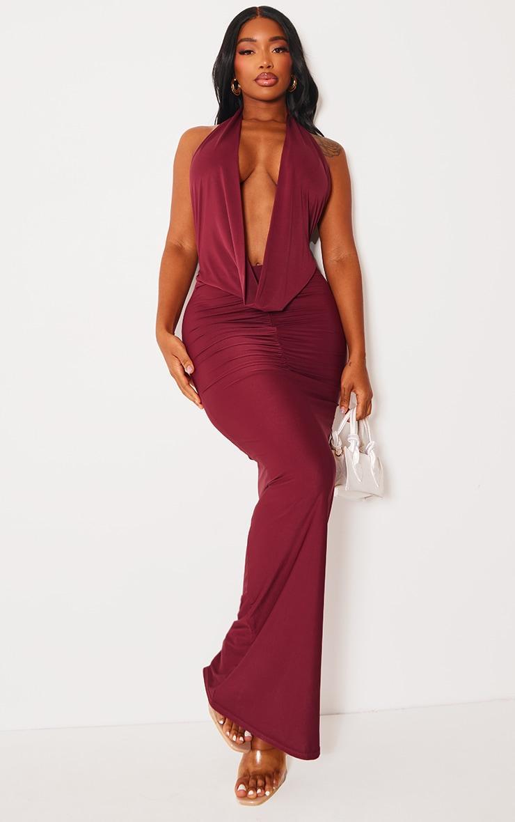  Shape Burgundy Slinky Cowl Ruched Front Maxi Dress Product Image