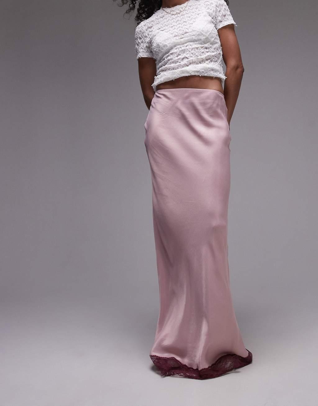 Topshop satin bias maxi skirt in pink with burgundy lace Product Image