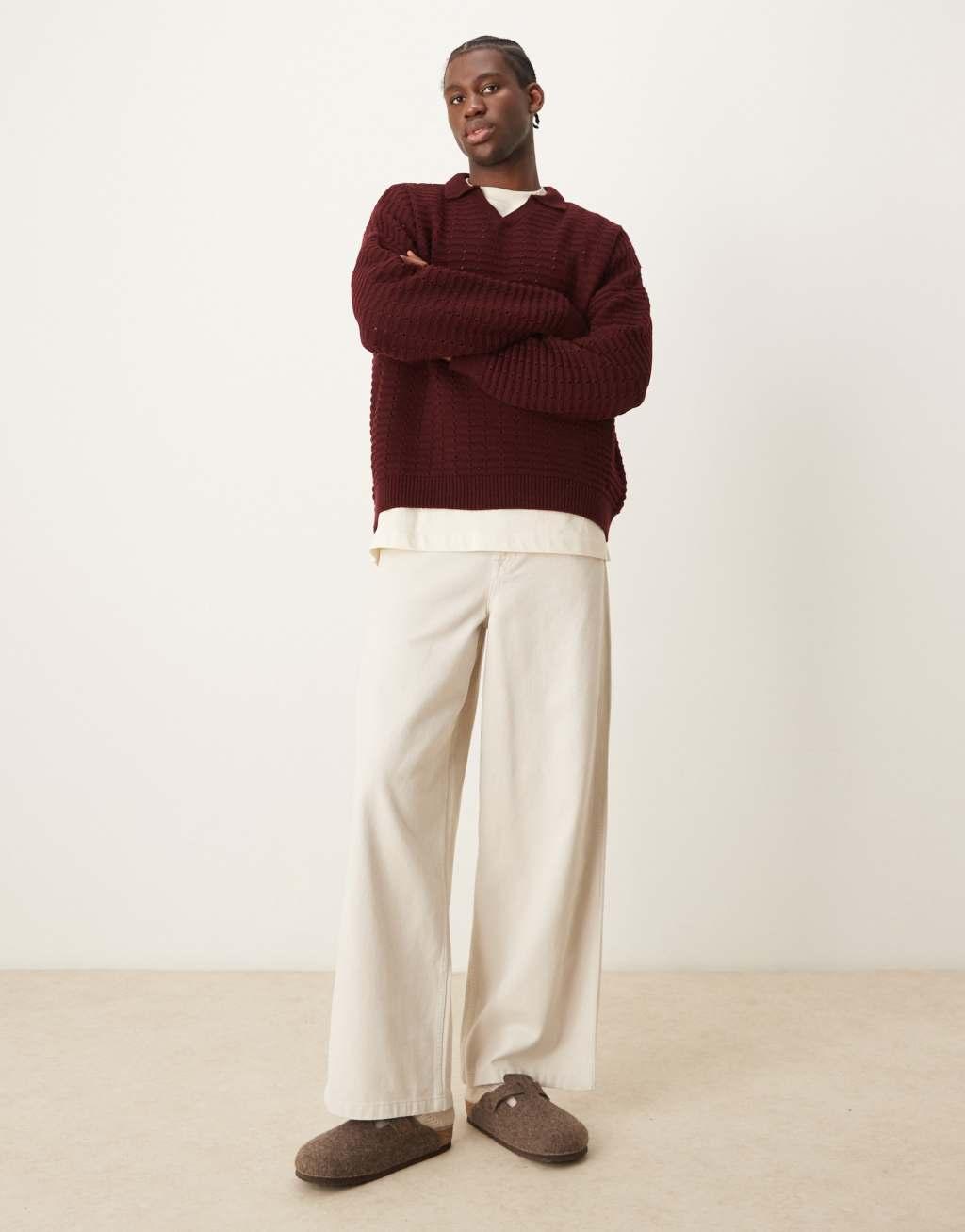 ASOS DESIGN oversized boxy fit textured knit notch neck sweater in burgundy Product Image