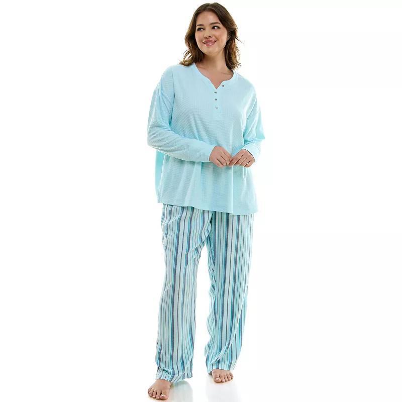 Plus Size Croft & Barrow Long Sleeve Henley Pajama Top & Flannel Pajama Pants Set, Womens Product Image