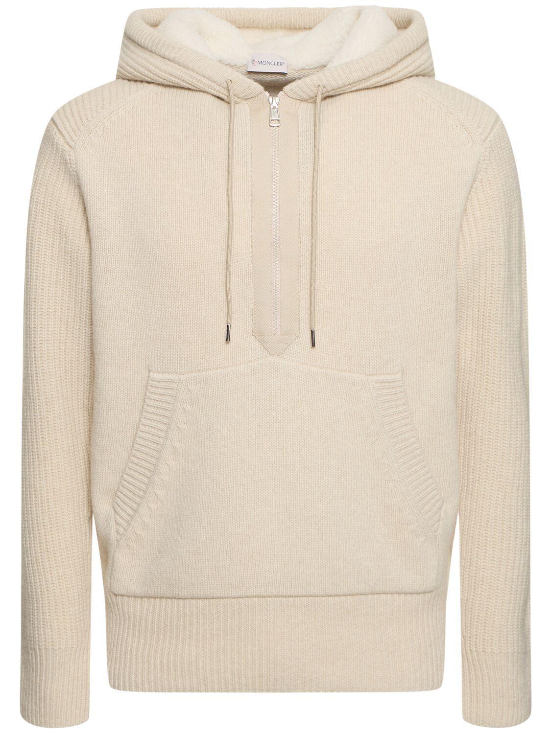 MONCLER Virgin Wool & Cashmere Hoodie Sweater In Light Grey Product Image