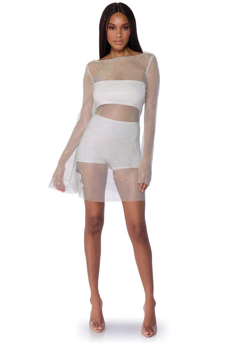 SHES ALL THAT RHINESTONE MESH MINI DRESS IN WHITE Product Image