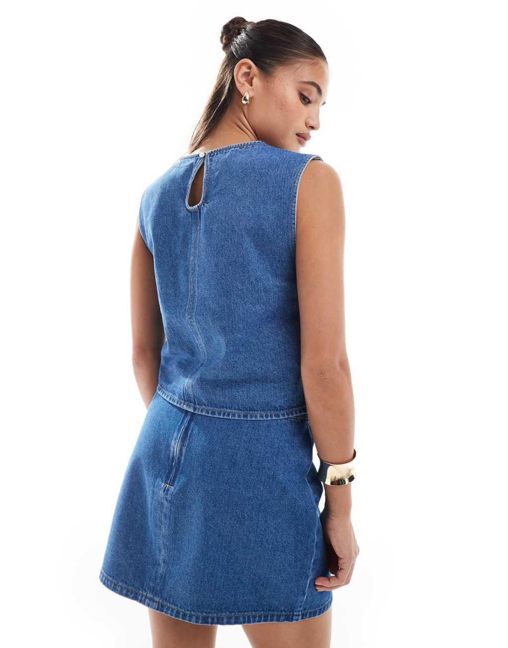 ASOS DESIGN denim high neck top in mid blue Product Image