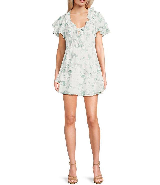 B. Darlin Short Sleeve V-Neck Ruffle Trim Floral Printed Dress Product Image