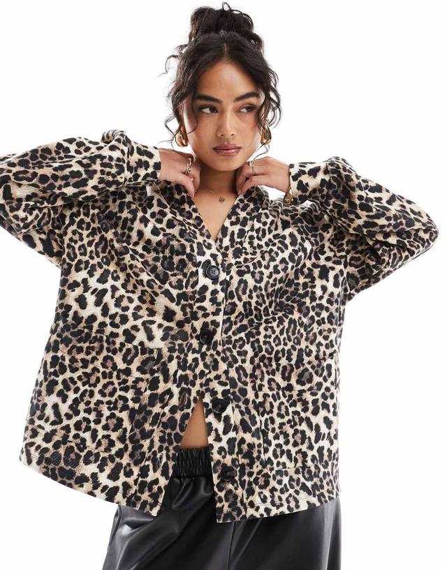 ASOS DESIGN heavyweight loopback longline cardigan in leopard print Product Image