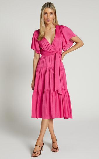 Marielle Midi Dress - Wrap Bodice Tiered Belted Dress in Pink Product Image