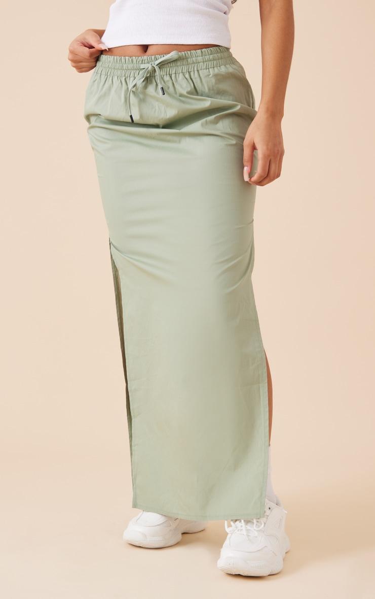 Sage Khaki Cotton Poplin Split Side Drawstring Waist Midaxi Skirt Product Image