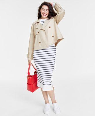 Women's Solid Short Trench Coat, Long-Sleeve Striped Crewneck Sweater, Sweater Striped Pencil Skirt, Hattie Solid Handbag & Lusille Woven Sneakers, Created for Macy's Product Image