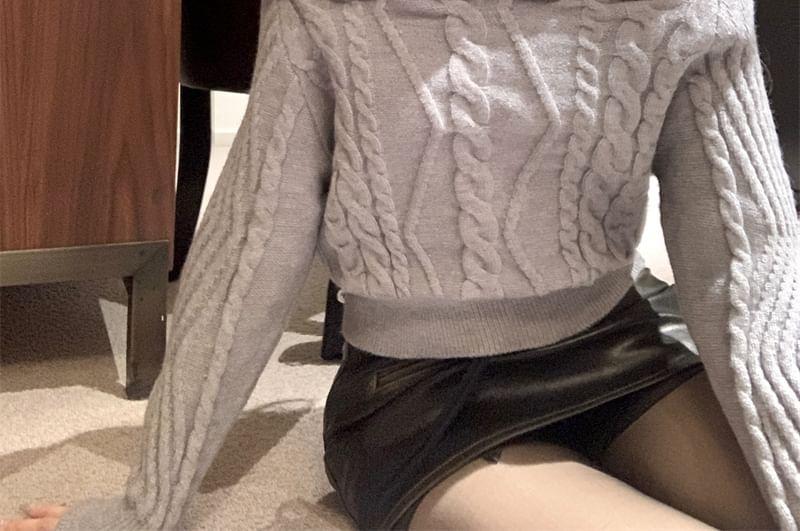 Cold Shoulder Plain Cable Knit Sweater Product Image