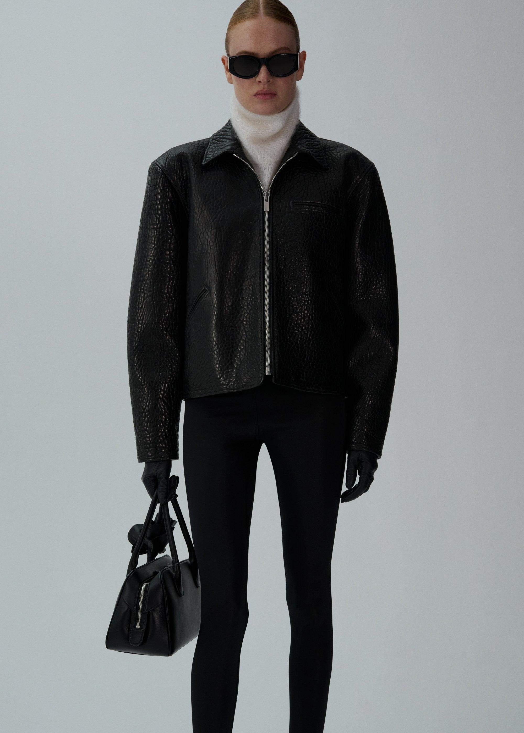 Boxy embossed leather zip jacket in black Product Image