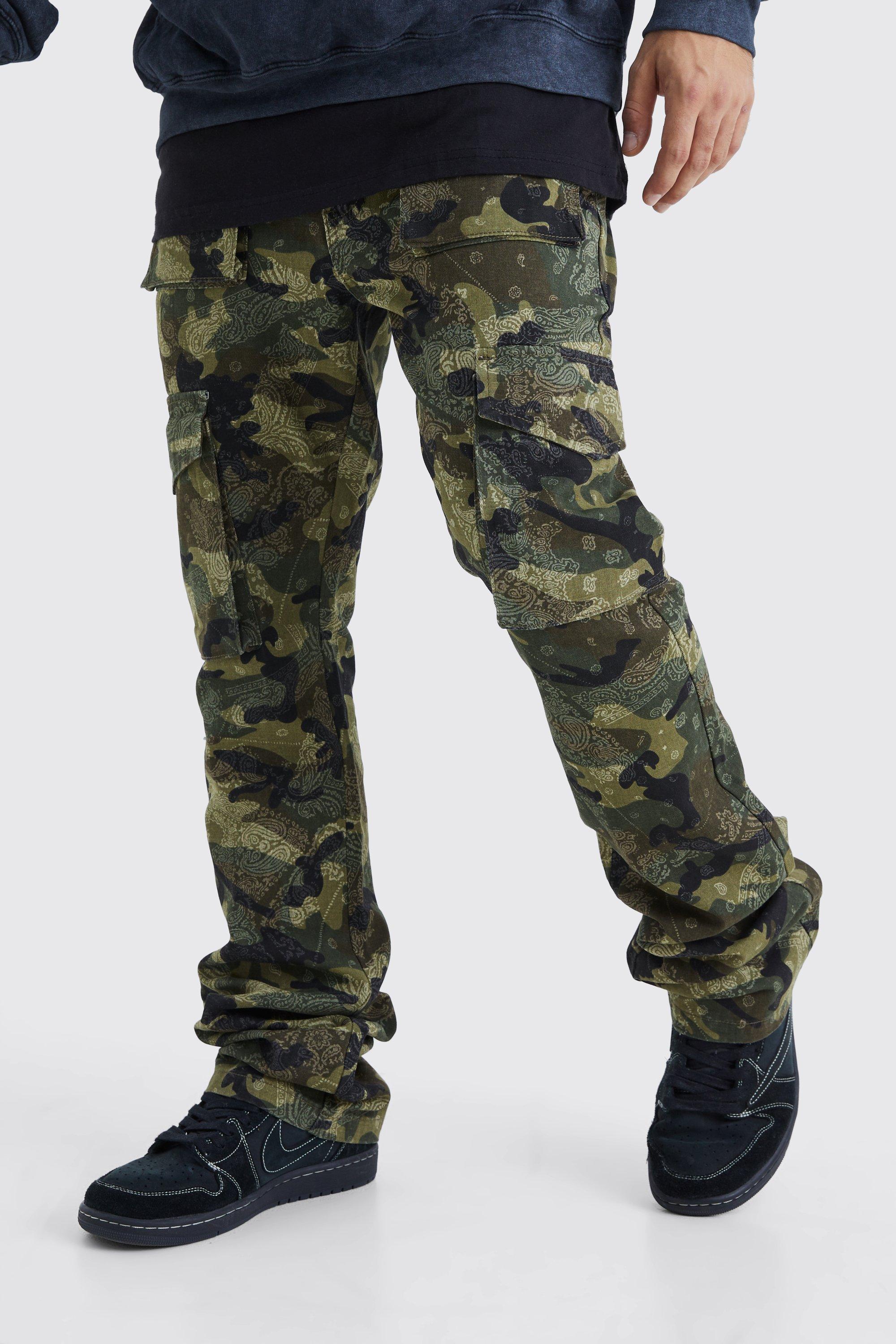 Slim Stacked Flare Multi Cargo Camo Bandana Pants | boohooMAN USA Product Image