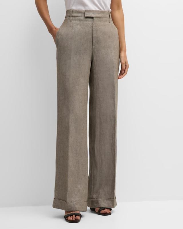 Mid-Rise Metallic Linen Wide-Leg Trousers Product Image