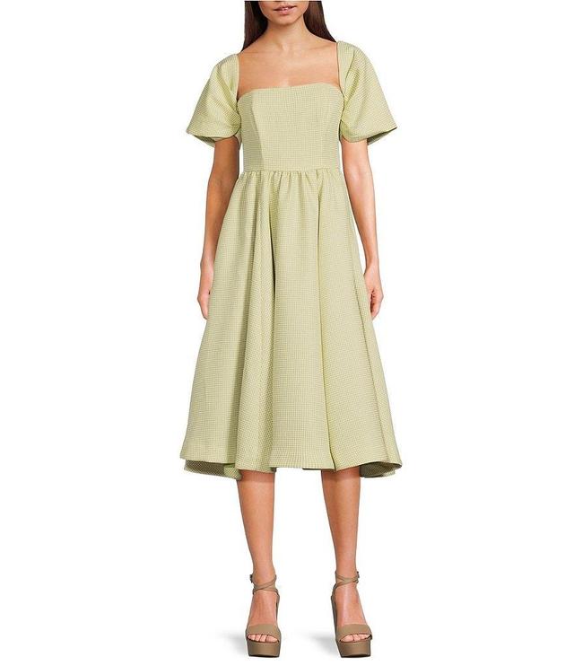 Mestiza New York Odette Metallic Check Jacquard Convertible Short Sleeve Off-The-Shoulder Side Pocket Midi A-Line Dress Product Image