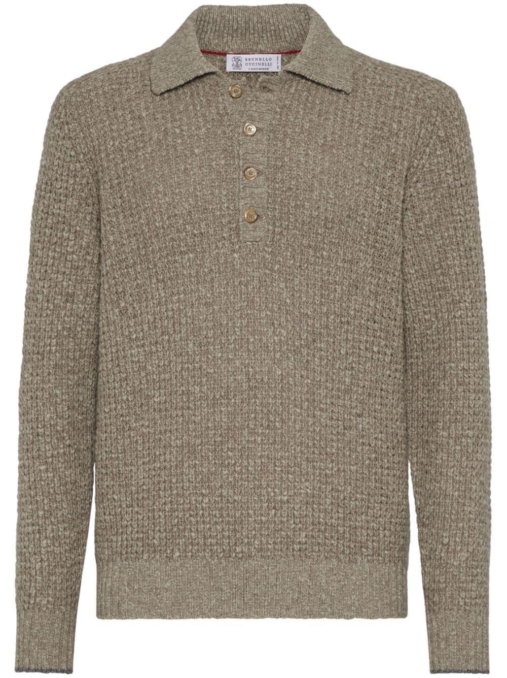 BRUNELLO CUCINELLI Virgin Wool-cashmere Flecked Polo Sweater In Brown Product Image