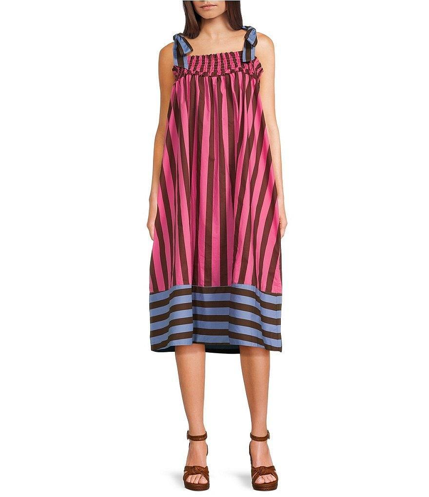 Buru Square Neck Tie Shoulder Strap Stripe Print Square Neck Sleeveless Midi Dress Product Image