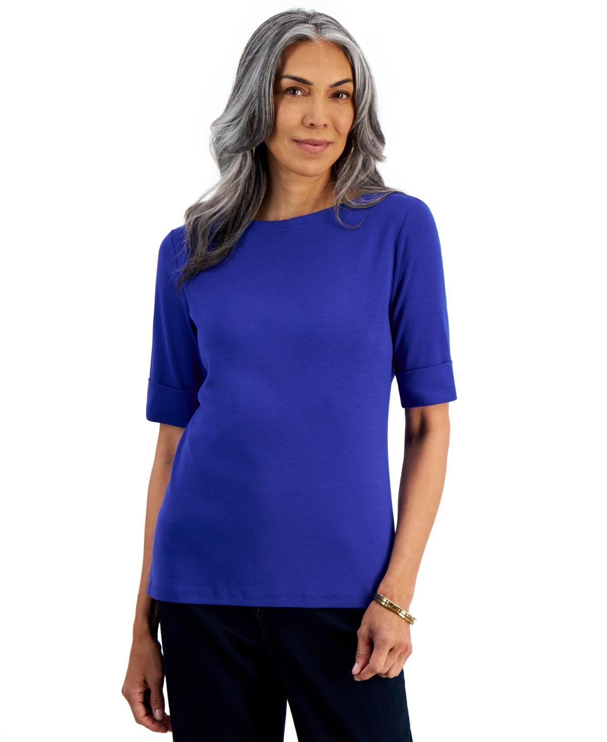 Style & Co Petite Cotton Elbow-Sleeve Boat-Neck Top, Created for Macys Product Image