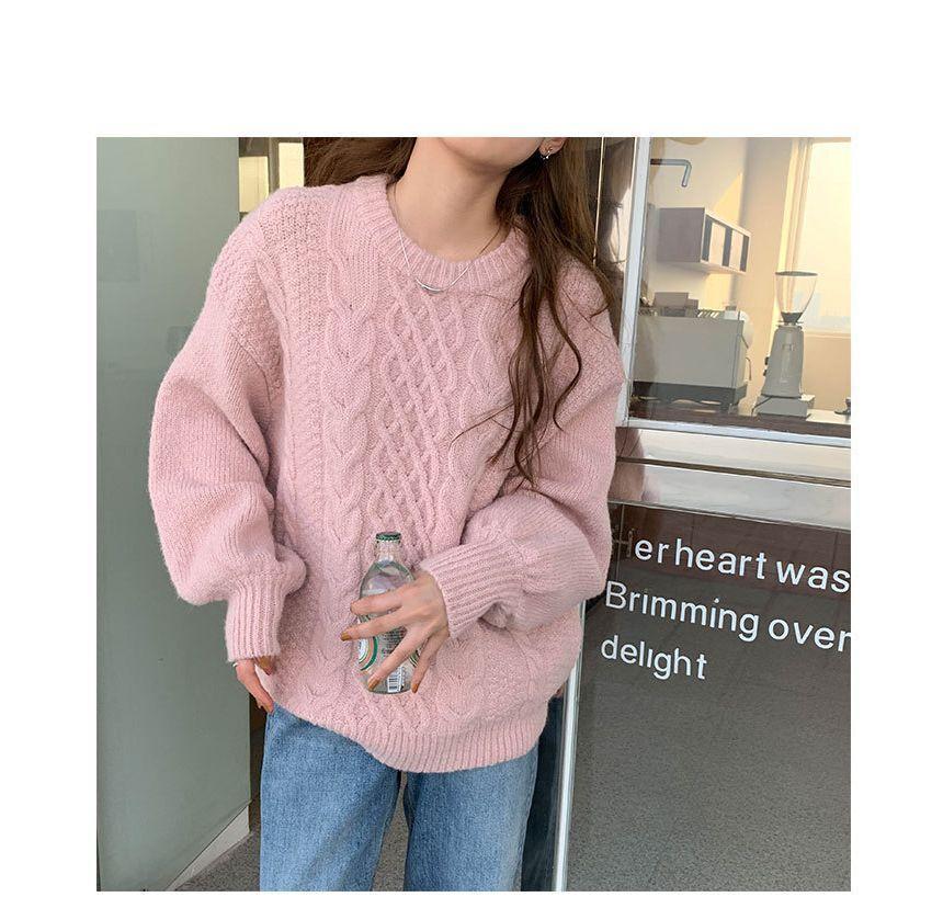 Long-Sleeve Plain Cable Knit Sweater Product Image