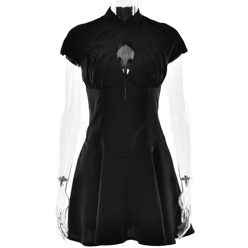 Short-Sleeve Cutout Plain Mini A-Line Dress Product Image