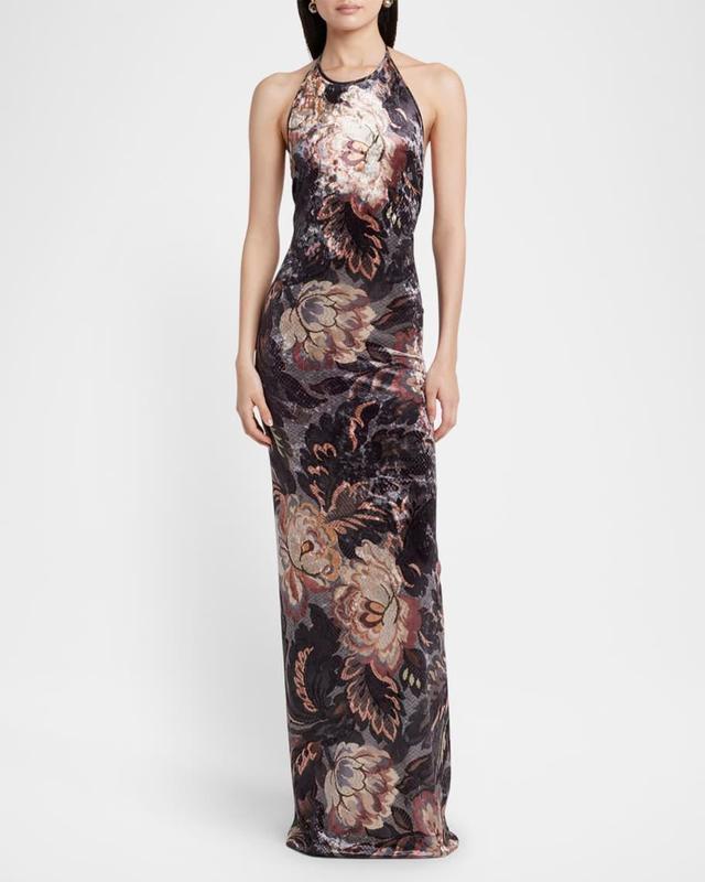 Floral Crushed Velvet Backless Gown Product Image