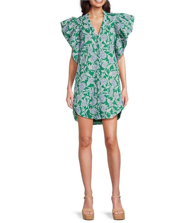 J.marie Merritt Button Front Floral Print Short Ruffle Sleeve Dress Product Image