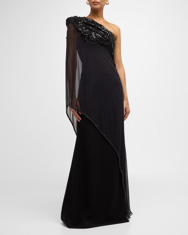 Beaded One-Shoulder Gown with Sheer Overlay Product Image