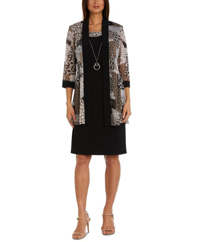 R & M Richards Womens Necklace Dress & Printed Jacket - Taupe Product Image