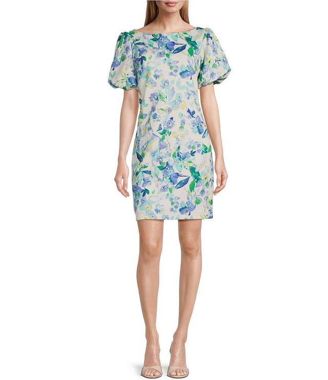 Jessica Howard Scuba Short Puff Sleeve Boat Neck Floral Sheath Dress Product Image