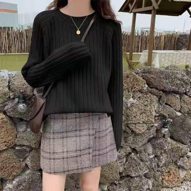 Round Neck Plain Ribbed Sweater Product Image