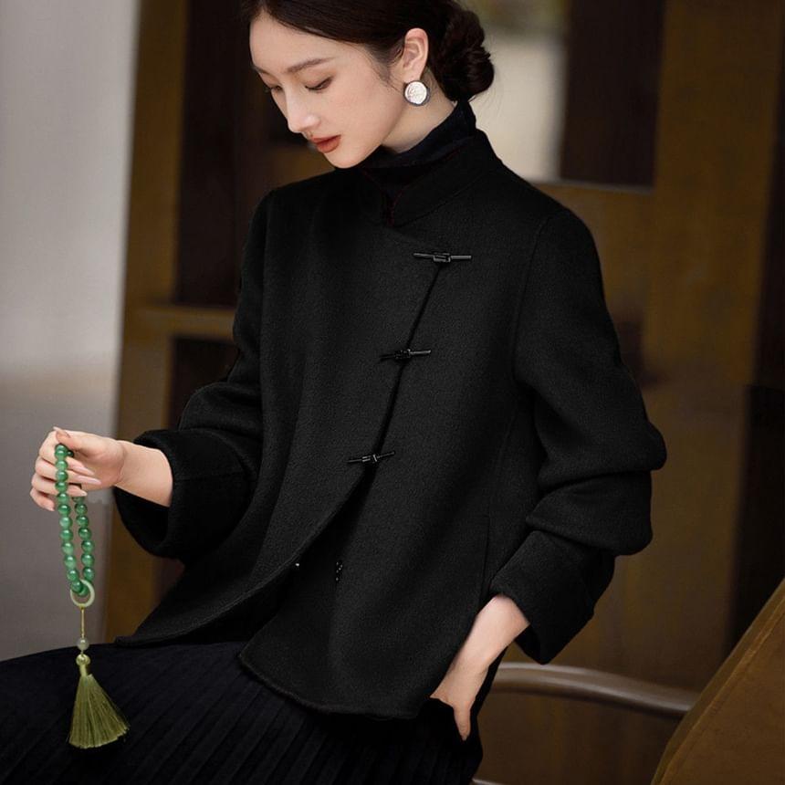 Mandarin Collar Plain Buckle Short Coat Product Image