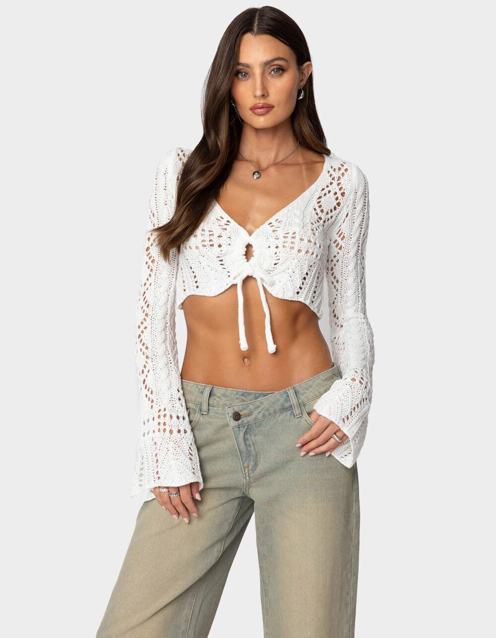 EDIKTED Tie Front Crochet Crop Top Product Image