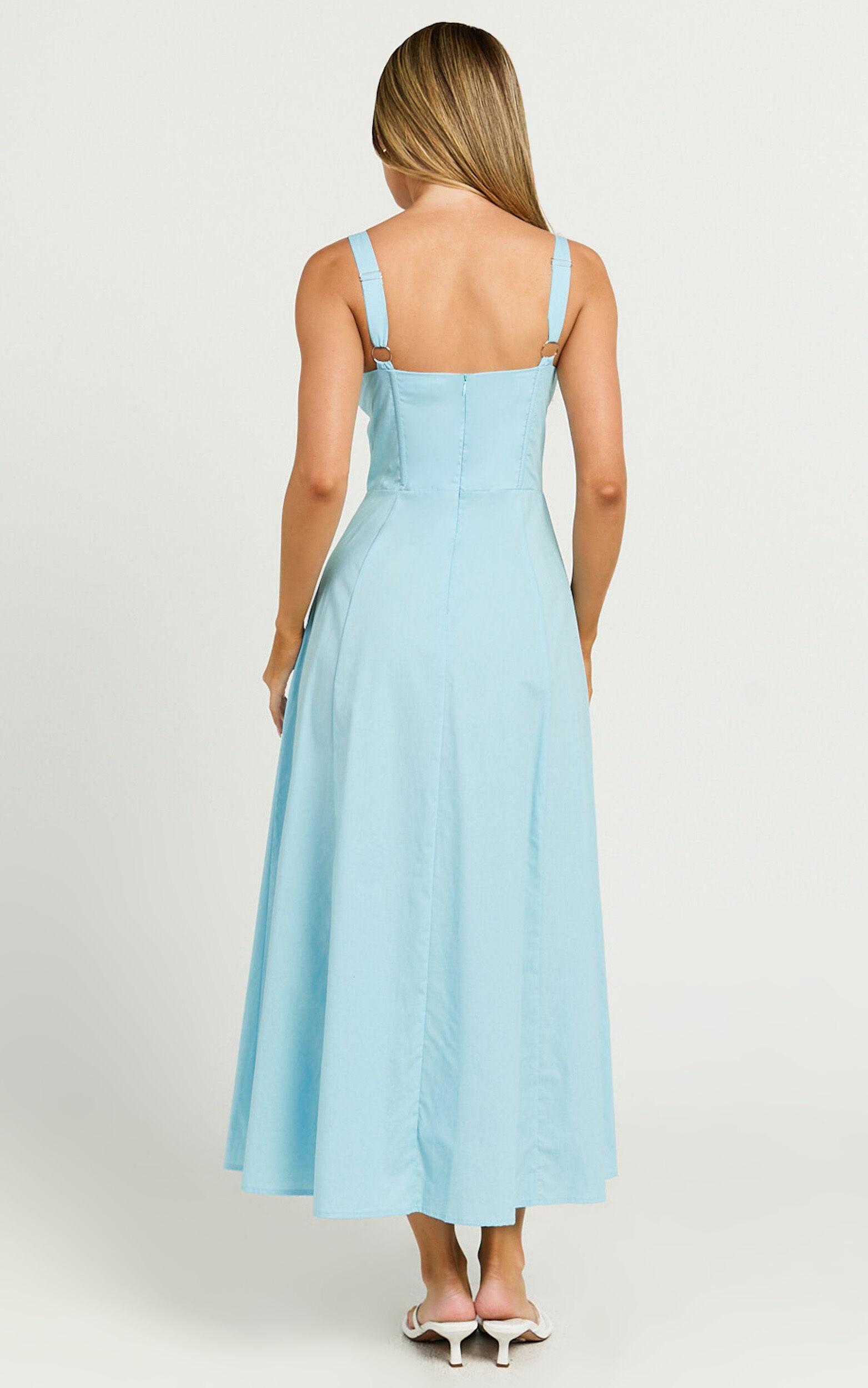 Maiya Midi Dress - Tie Front Fitted Bodice Dress in Blue Product Image