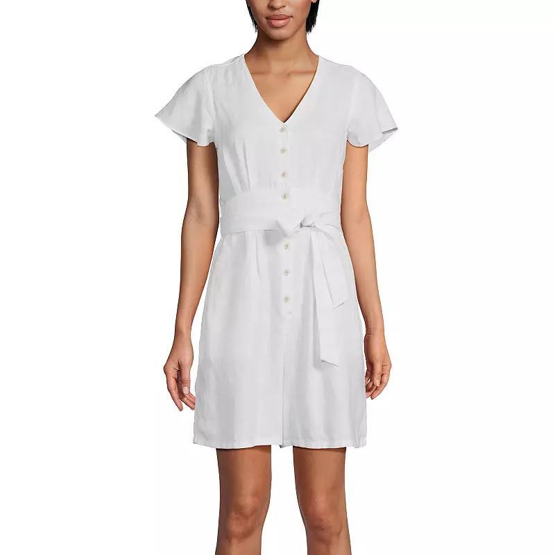 Womens Lands End Linen V-Neck Flutter Sleeve Button Front Tie Waist Romper Product Image