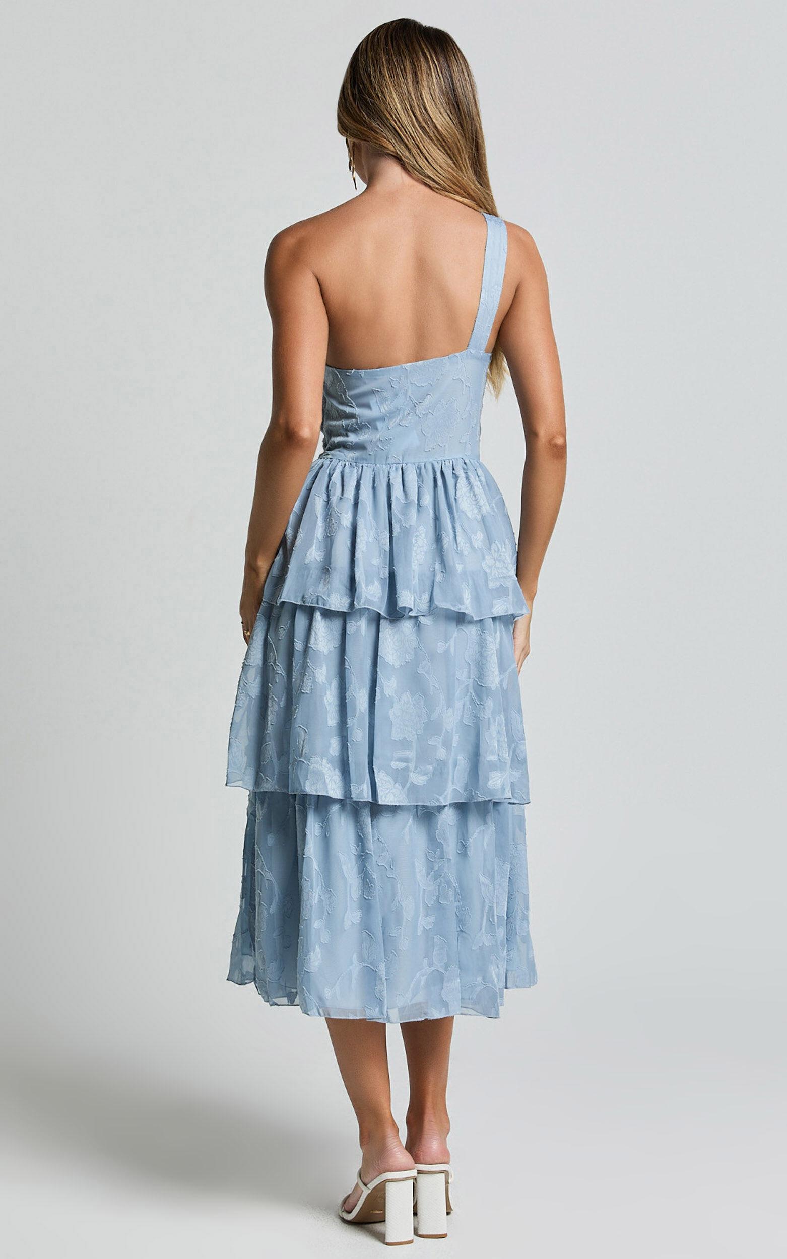 Alvinia Midi Dress - One Shoulder Cut Out Tiered Dress in Light Blue Product Image