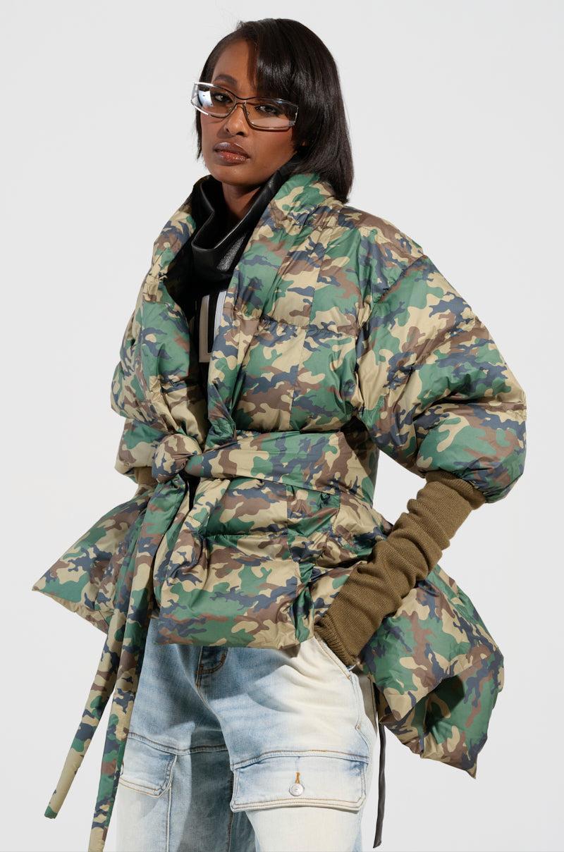 CAMO LONG RIB SLEEVE PEPLUM PUFFER COAT Product Image