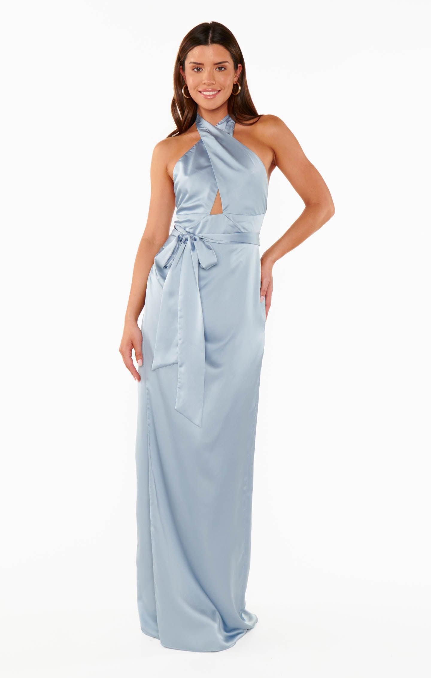 Adele Halter Maxi Dress ~ Steel Blue Luxe Satin Product Image