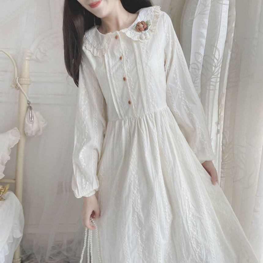 Long-Sleeve Peter Pan Collar Floral Embroidered Pintuck Half-Buttoned Midi A-Line Dress Product Image