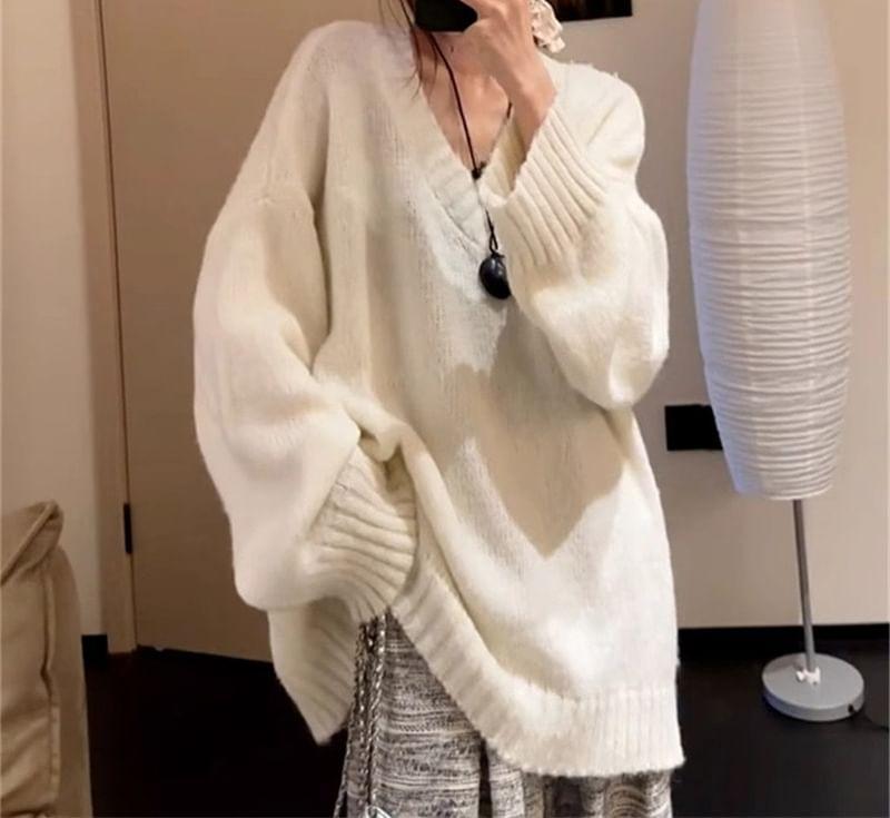 V-Neck Plain Oversized Sweater Product Image