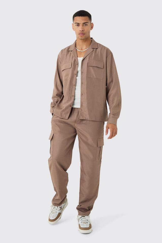 Mens Beige Oversized Soft Twill Cargo Shirt & Trouser Set, Beige Product Image